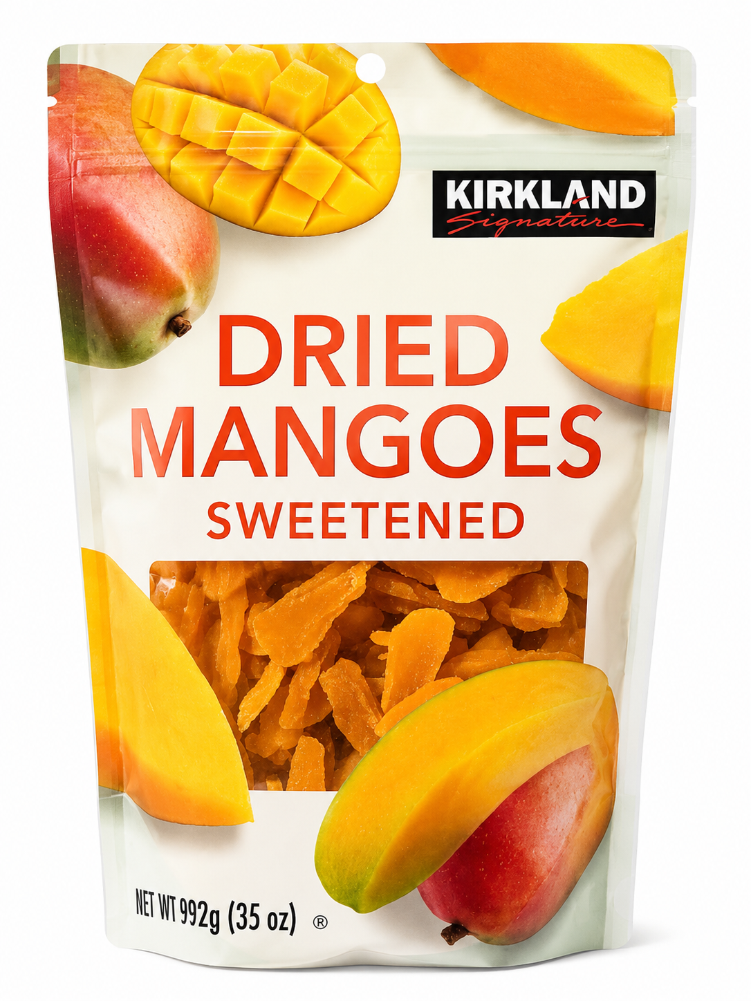 Kirkland dried mangoes sweetened package showcasing dried mango slices and mango pieces.