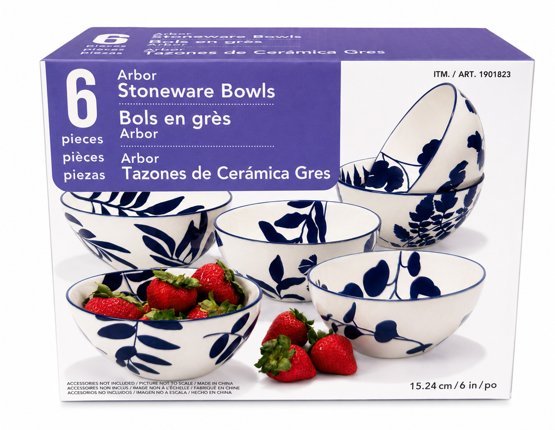 Stoneware bowls set featuring six 6-inch navy floral bowls by Arbor, perfect for meals and entertaining.
