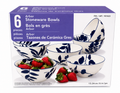 Stoneware bowls set featuring six 6-inch navy floral bowls by Arbor, perfect for meals and entertaining.