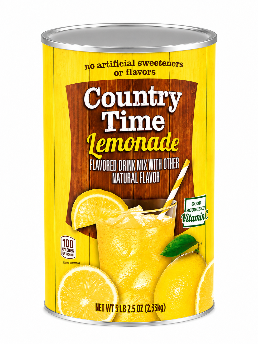 Powdered Lemonade Drink Mix in a can with natural lemon flavor, perfect for refreshing beverages.