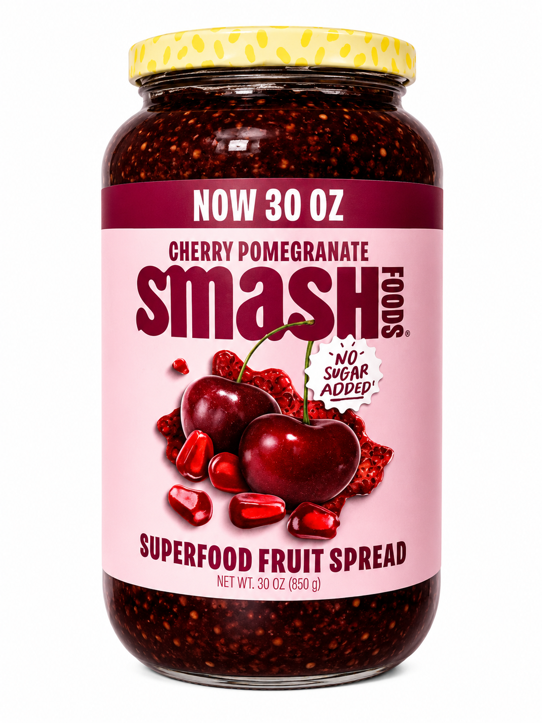 Cherry Pomegranate Superfood Fruit Spread 30 oz jar by Smash Foods with no sugar added.