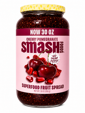 Cherry Pomegranate Superfood Fruit Spread 30 oz jar by Smash Foods with no sugar added.