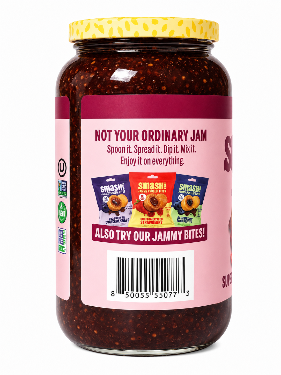 Cherry Pomegranate Superfood Fruit Spread jar showcasing its unique flavor and versatility in use.