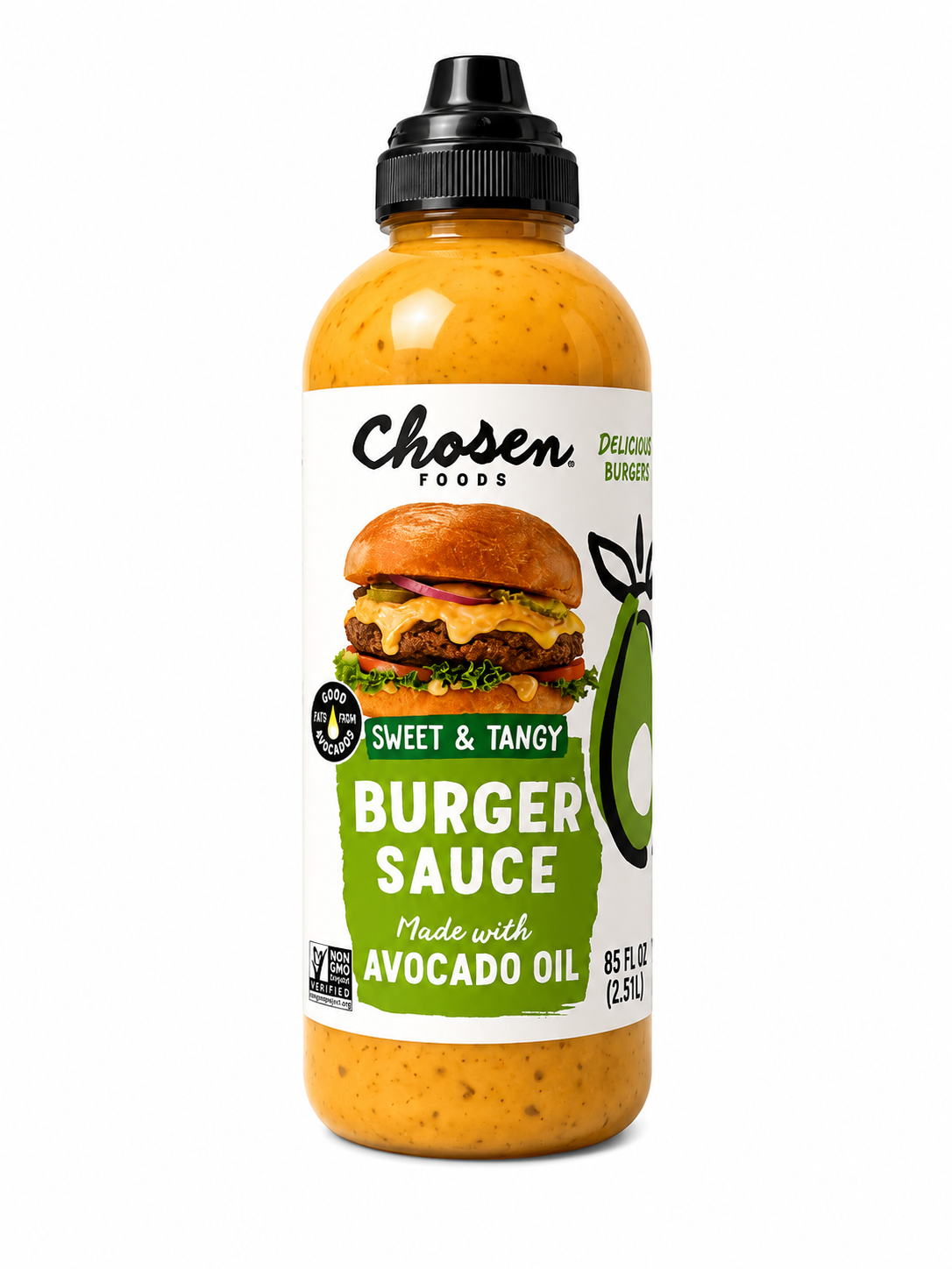 Avocado Oil Burger Sauce 8.5 fl oz bottle, sweet and tangy condiment for burgers, sandwiches, and more.