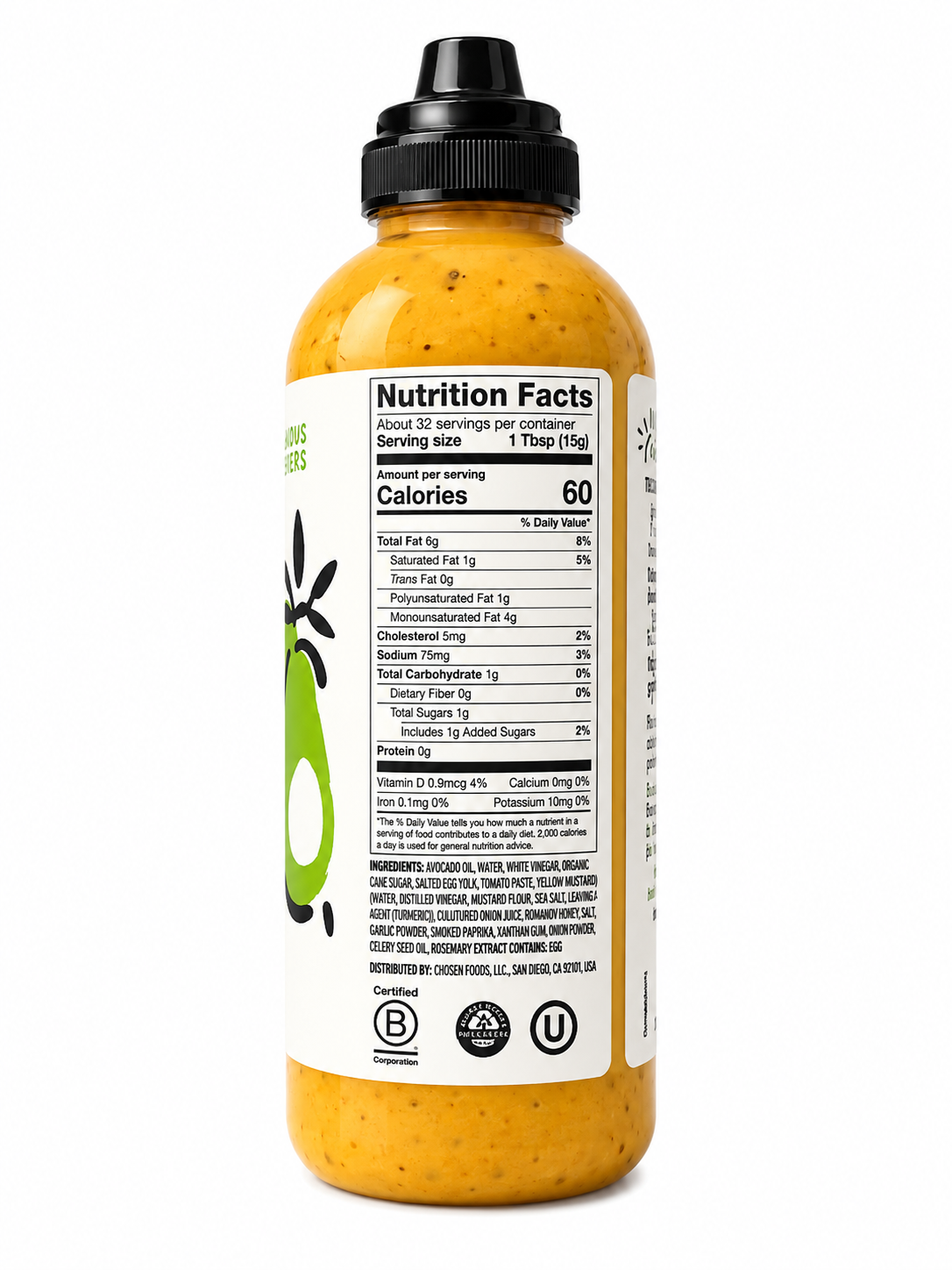 Avocado Oil Burger Sauce nutrition facts label on bottle with serving sizes and calories information.
