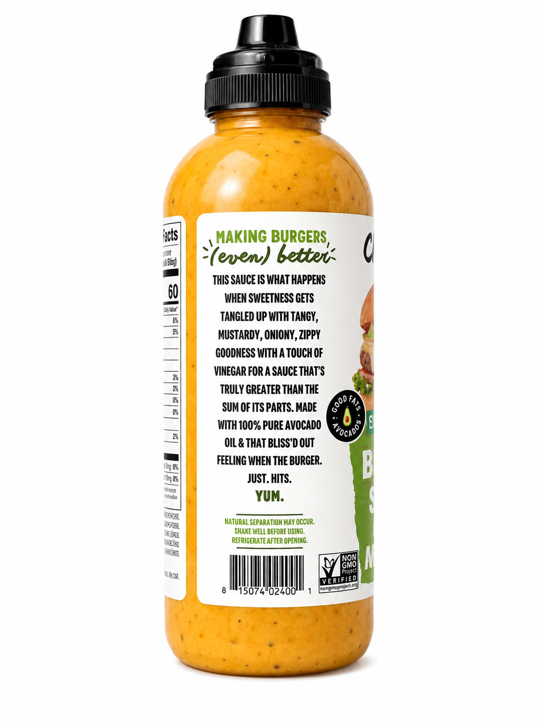 Avocado Oil Burger Sauce 8.5 fl oz bottle featuring sweet and tangy flavors ideal for burgers and sandwiches.