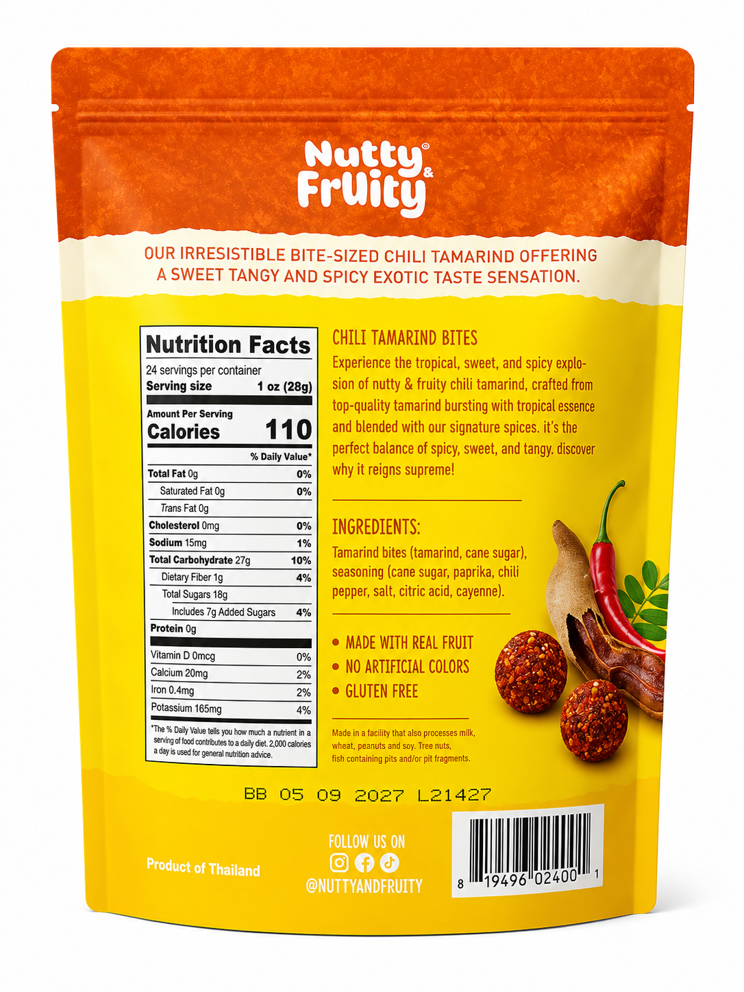 Chili Tamarind Bites package showing nutrition facts and information about the sweet and spicy fruit snack.