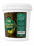 Pistachio Cream Spread 32 oz container with gourmet sweet pistachio flavor information and ingredients.
