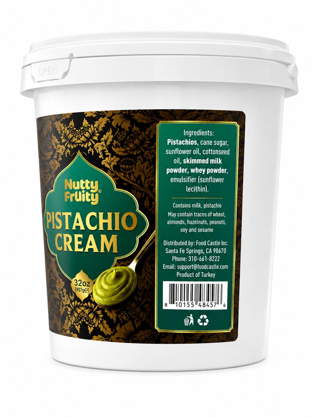 Pistachio Cream Spread 32 oz container with gourmet sweet pistachio flavor information and ingredients.