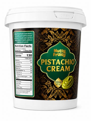 Nutty Fruity Pistachio Cream Spread 32 oz container with nutrition facts and rich pistachio flavor.