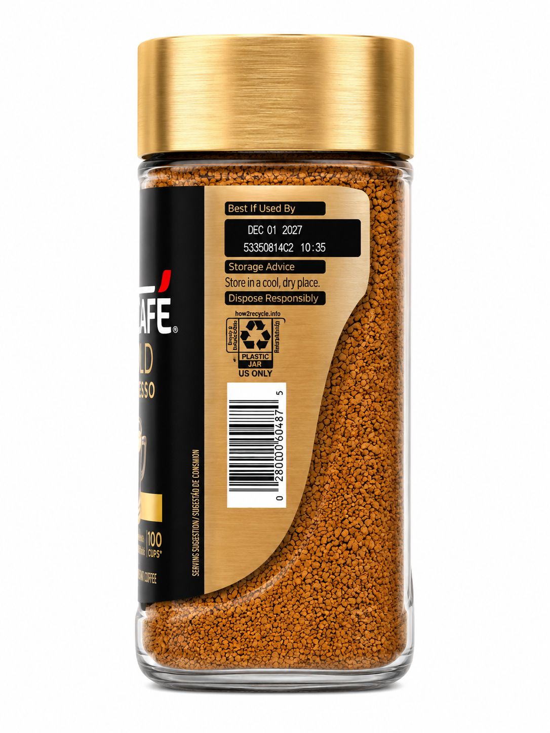 Nescafe Gold Espresso Blonde Instant Coffee jar with golden lid and best by date.