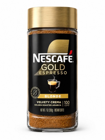 Nescafe Gold Espresso Blonde Instant Coffee 7 oz jar featuring velvety crema for 100 cups of espresso.