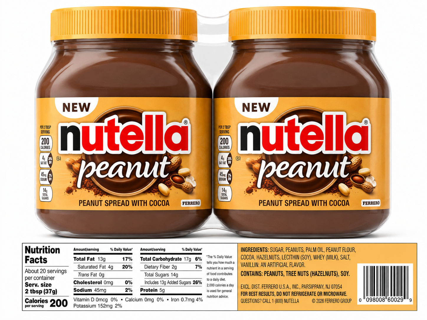Nutella Peanut Spread with Cocoa 26.5 oz jars showcasing creamy chocolate spread for breakfast and snacks.