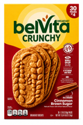 belVita Cinnamon Brown Sugar Breakfast Biscuits package featuring 30 packs of crunchy biscuits made with whole grains and real cinnamon.