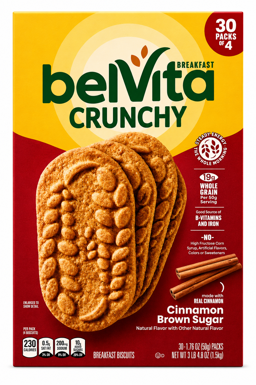 belVita Cinnamon Brown Sugar Breakfast Biscuits package featuring 30 packs of crunchy biscuits made with whole grains and real cinnamon.
