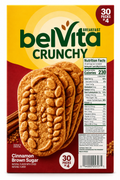 belVita Cinnamon Brown Sugar Breakfast Biscuits box featuring 30 packs of crunchy biscuits with nutrition facts.