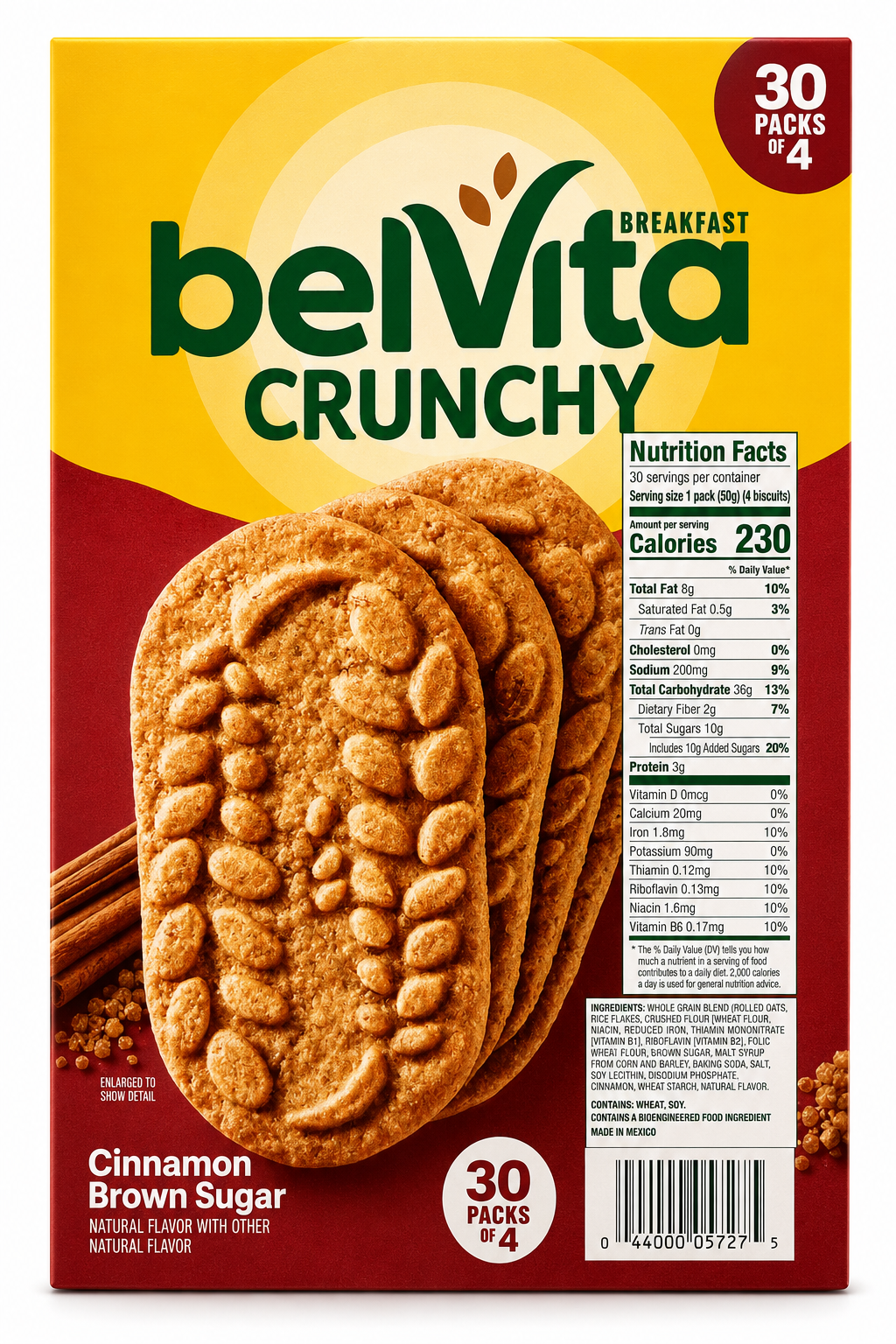 belVita Cinnamon Brown Sugar Breakfast Biscuits box featuring 30 packs of crunchy biscuits with nutrition facts.