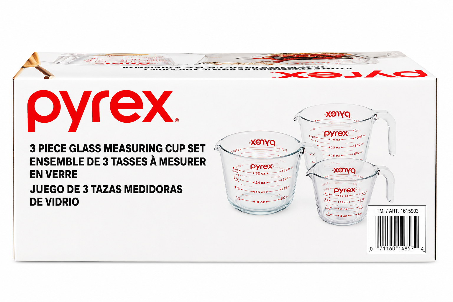 Pyrex Glass Measuring Cup Set 3-Piece packaging featuring 1, 2, and 4 cup glass measuring cups.