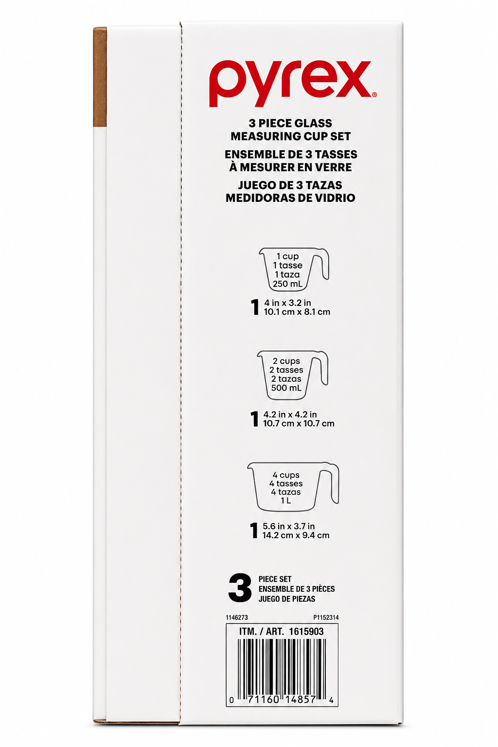 Pyrex Glass Measuring Cup Set packaging showing sizes and measurements for 1, 2, and 4-cup options.
