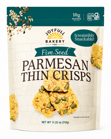 Five Seed Parmesan Thin Crisps packaging featuring crunchy seed crisps, gluten-free snack with savory Parmesan flavor.