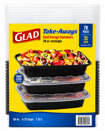 Glad Take-Aways Food Storage Containers 38 oz value pack with 35 sets and 70 total pieces displayed.