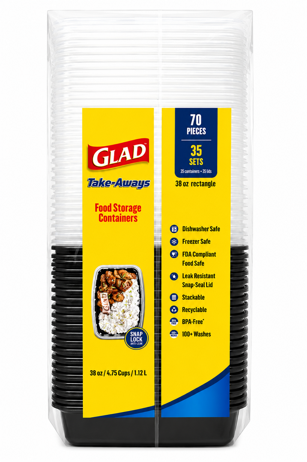 Glad Take-Aways Food Storage Containers 38 oz value pack with 35 sets and 70 total pieces displayed.