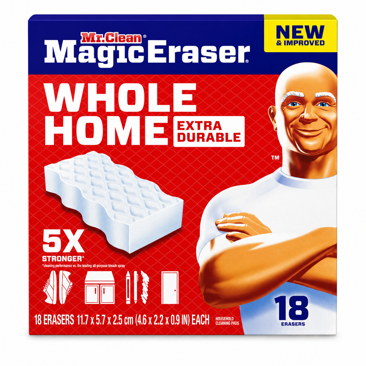 Magic Eraser Cleaning Pads packaging, extra durable 18-count pack for powerful cleaning performance.