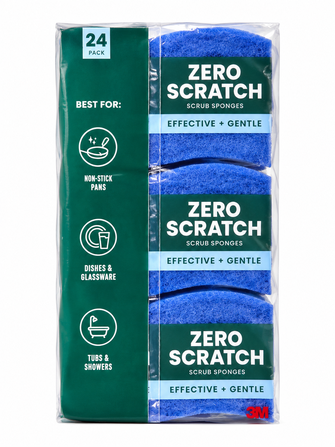 Zero Scratch Scrub Sponges 24-Pack for gentle cleaning of non-stick pans, dishes, glassware, tubs, and showers.