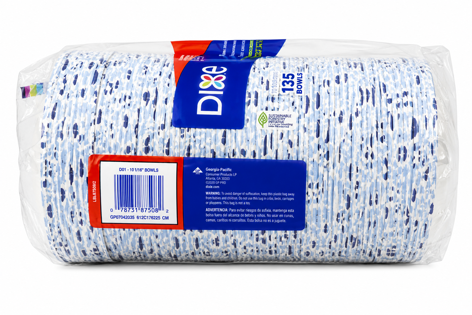 Dixie Paper Bowls 175 Count package showcasing soak proof and microwavable design for meals and snacks.