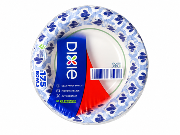Dixie Paper Bowls 175 Count pack featuring soak proof technology and microwavable convenience.
