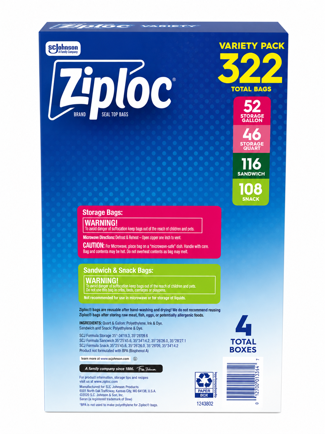 Ziploc Variety Pack Storage Bags 322 Count includes 4 sizes for food storage and organization.