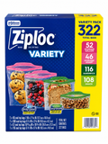 Ziploc Variety Pack Storage Bags 322 Count includes various bag sizes for food, snacks, and household organization.
