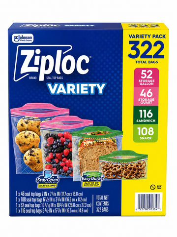 Ziploc Variety Pack Storage Bags 322 Count includes various bag sizes for food, snacks, and household organization.