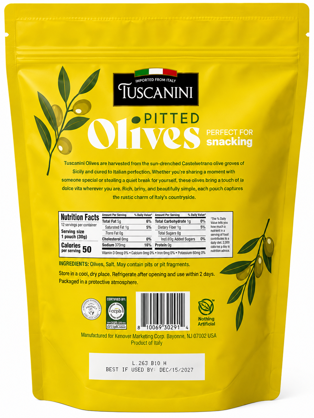 Castelvetrano Olives Snack Packs 12.7 oz | Tuscanini 12 Pack