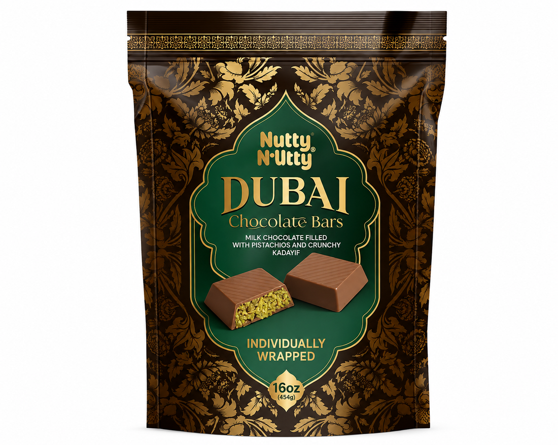 Nutty & Fruity Dubai Milk Chocolate Bars package featuring pistachios, individually wrapped, 16 oz.