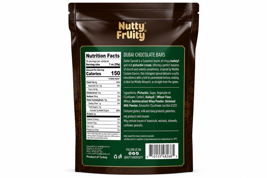 Nutty & Fruity Dubai Milk Chocolate Bars package featuring pistachios, individually wrapped, 16 oz.