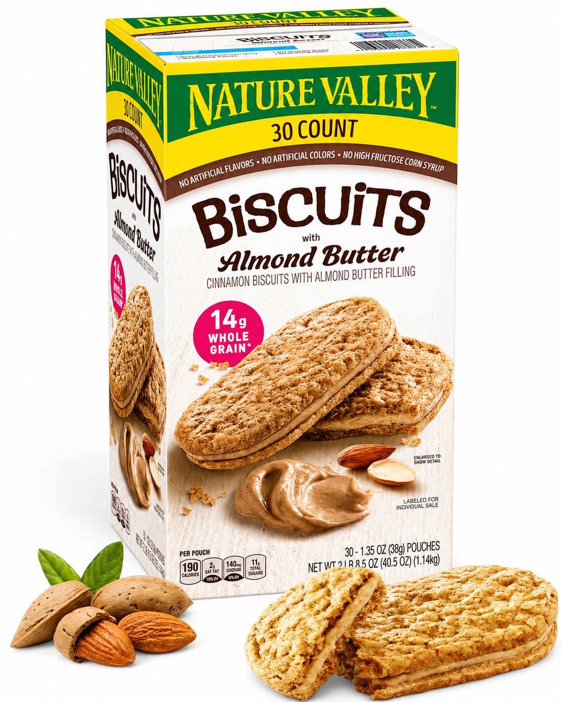 Nature Valley Almond Butter Biscuit Sandwiches 30 Pack with almond butter filling and whole grain biscuits.