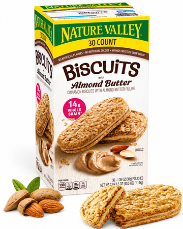 Nature Valley Almond Butter Biscuit Sandwiches 30 Pack with almond butter filling and whole grain biscuits.