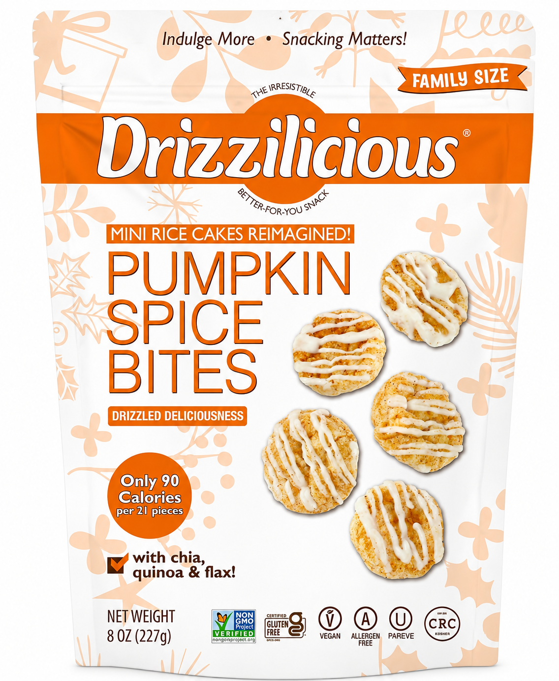 Drizzilicious Pumpkin Spice Bites 8 oz bag featuring mini rice cakes with chia, quinoa, and flax.