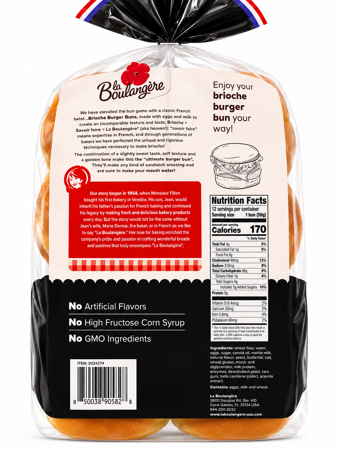 Brioche Burger Buns 12 Count pack from La Boulangère featuring a nutritious label and no artificial flavors.