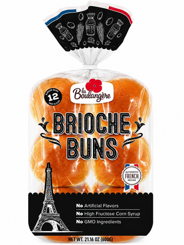 La Boulangère Brioche Burger Buns package featuring 12 soft buns, 21.16 oz, with a golden finish and no artificial flavors.