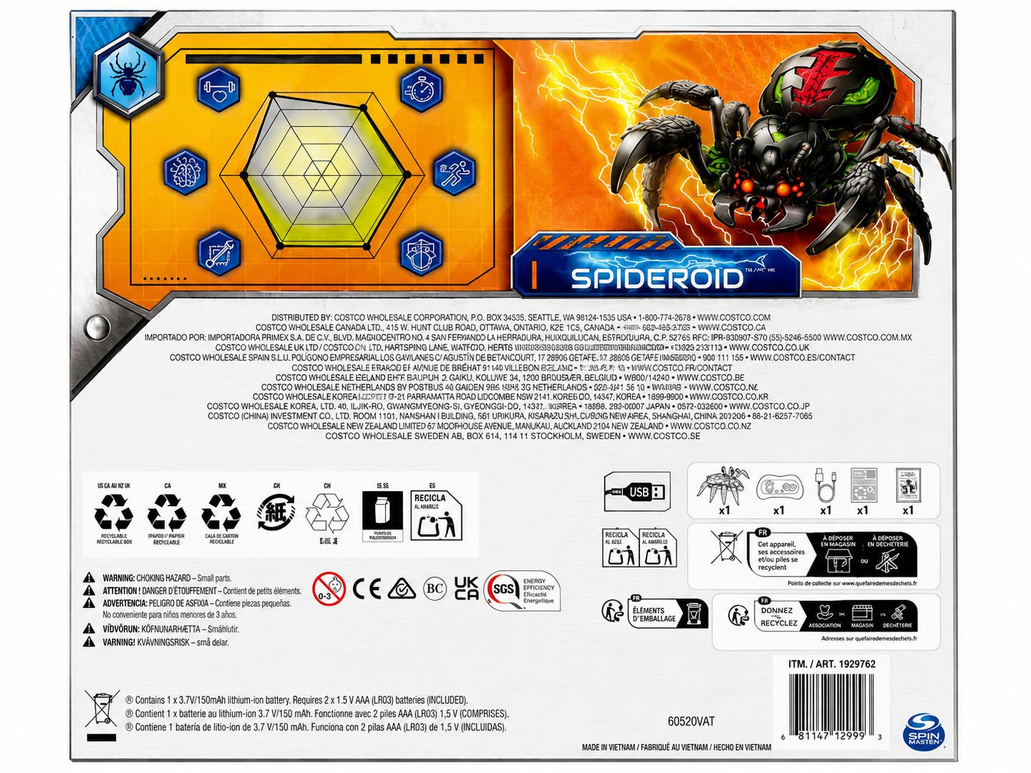 Back packaging of Wall Climber Spider Toy featuring interactive controls and spider graphic.