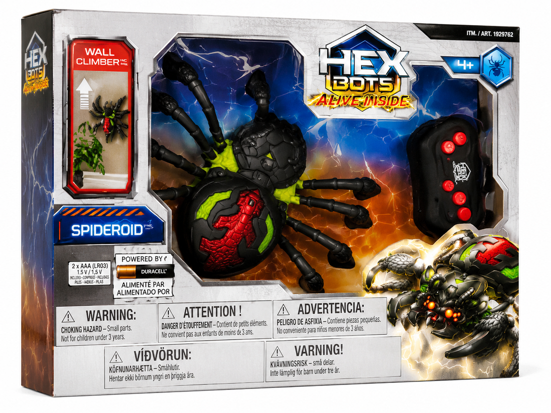 Packaging of the Wall Climber Spider Toy featuring the HEX Spideroid electronic spider with remote control.