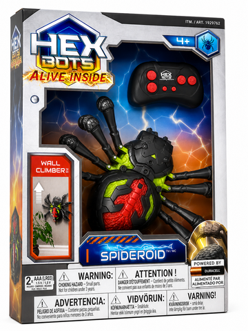 Packaging of the Wall Climber Spider Toy featuring the HEX Spideroid electronic spider with remote control.