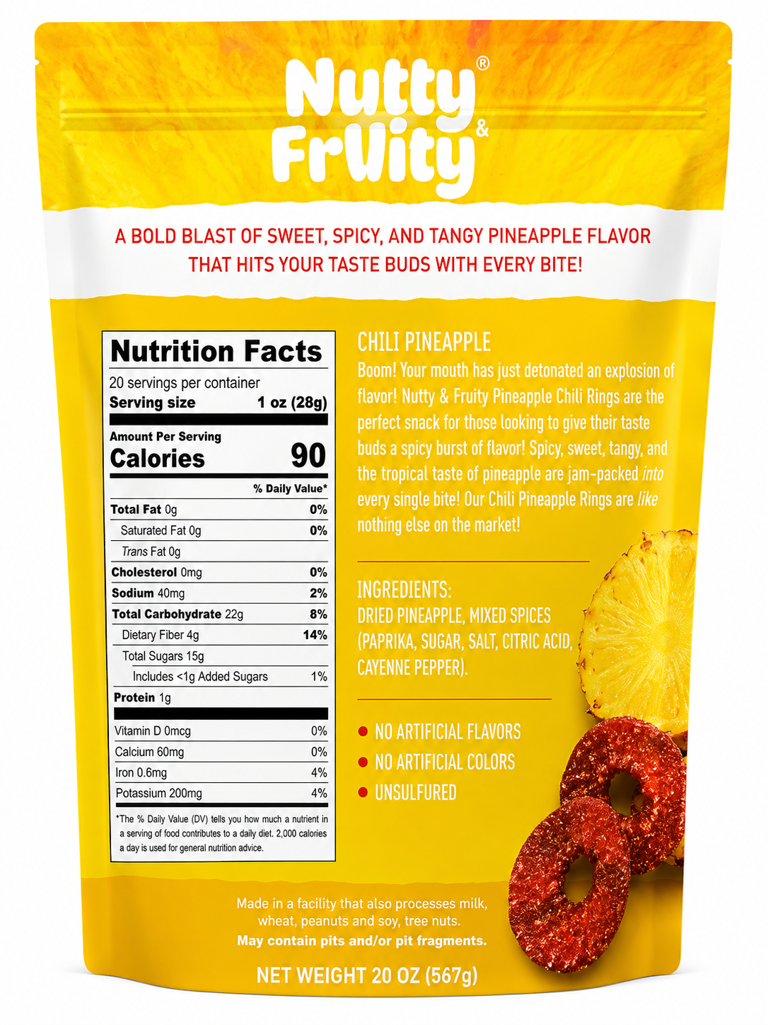 Chili Pineapple Rings 20 oz package by Nutty & Fruity showcasing sweet and spicy dried pineapple snack.