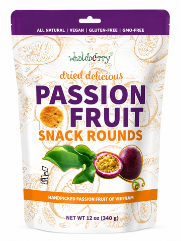 Passion Fruit Snack Rounds 12 oz pouch from Wholeberry featuring handpicked passion fruit from Vietnam.