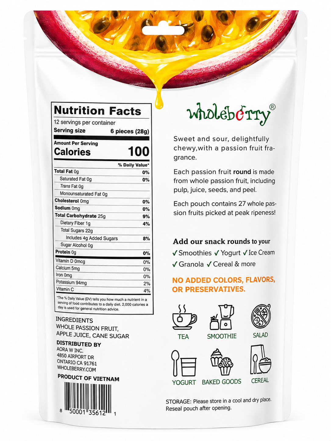 Passion Fruit Snack Rounds 12 oz pouch from Wholeberry showcasing nutrition facts and tropical flavor details.