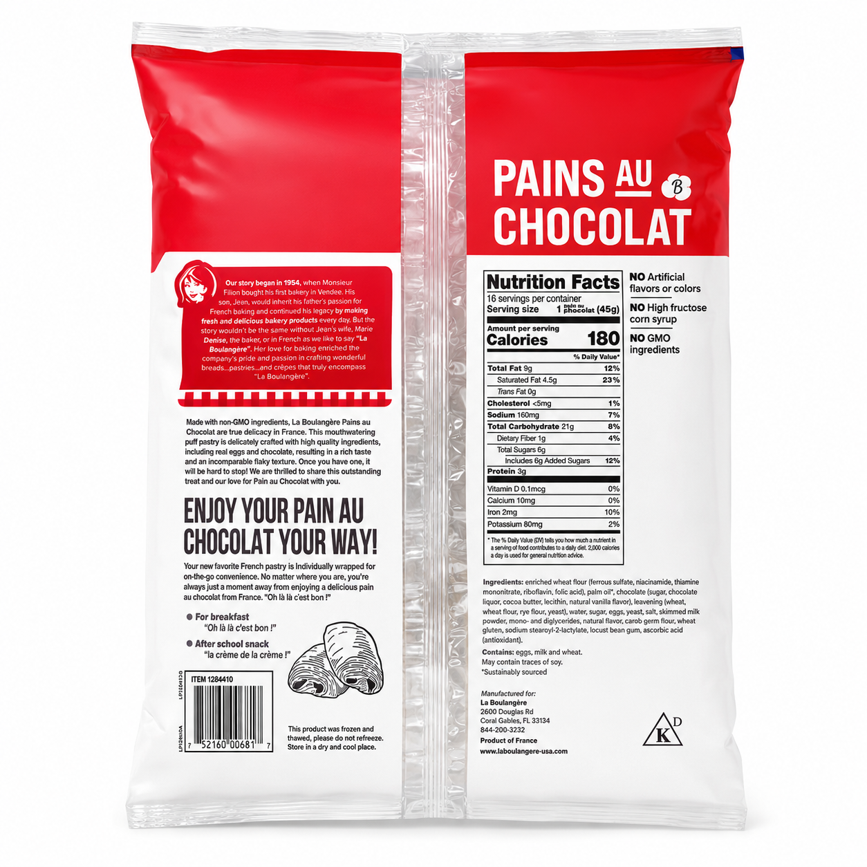 La Boulangère Pains au Chocolat 16 Count package with nutrition facts and ingredients, 25.4 oz.