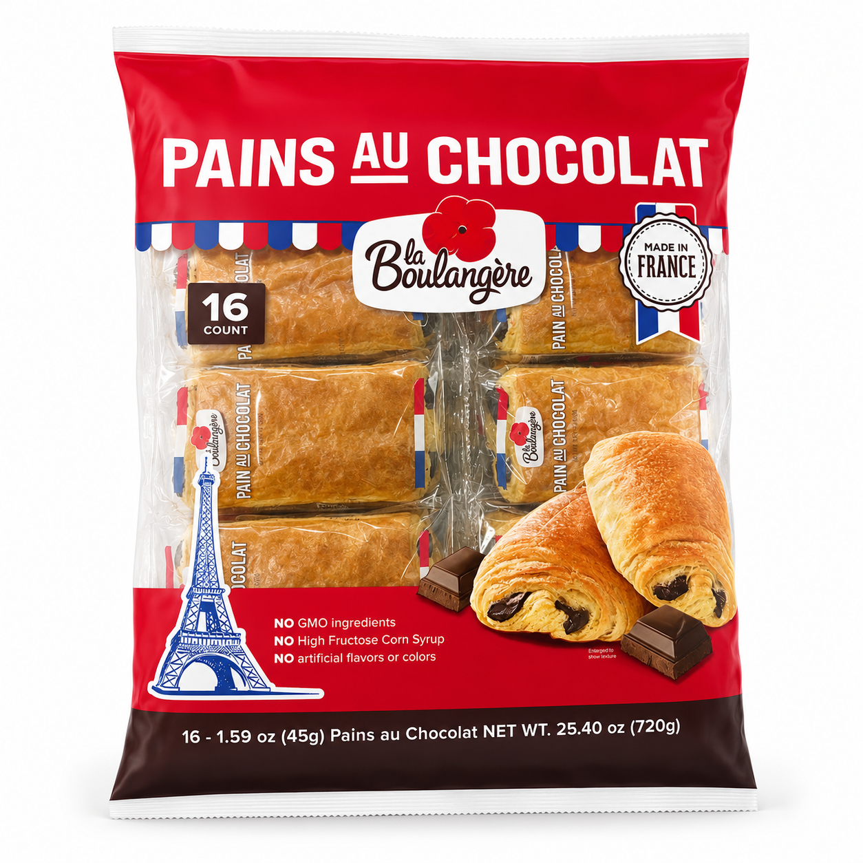 La Boulangère Pains au Chocolat 16 Count package showcasing flaky pastries and chocolate, made in France.