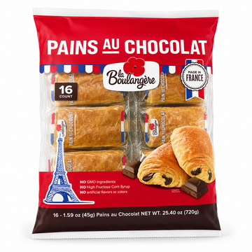 La Boulangère Pains au Chocolat 16 Count package showcasing flaky pastries and chocolate, made in France.